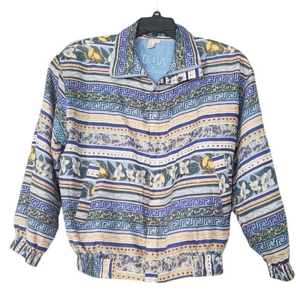 Fuda Greek Blue Silk Bomber Jacket  ( Mens Size M / Womens Size Large ) - Picture 1 of 3